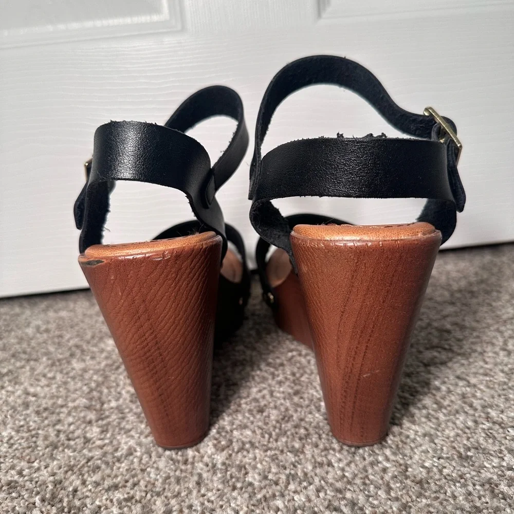 Soda Black and Tan Wedge Sandals
